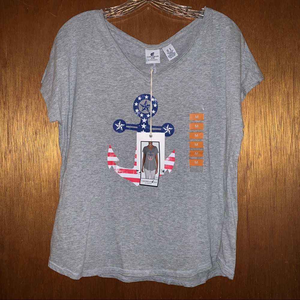 Women’s M CARIBBEAN JOE Heather Grey  American Anchor Graphic Tee Shirt NWT